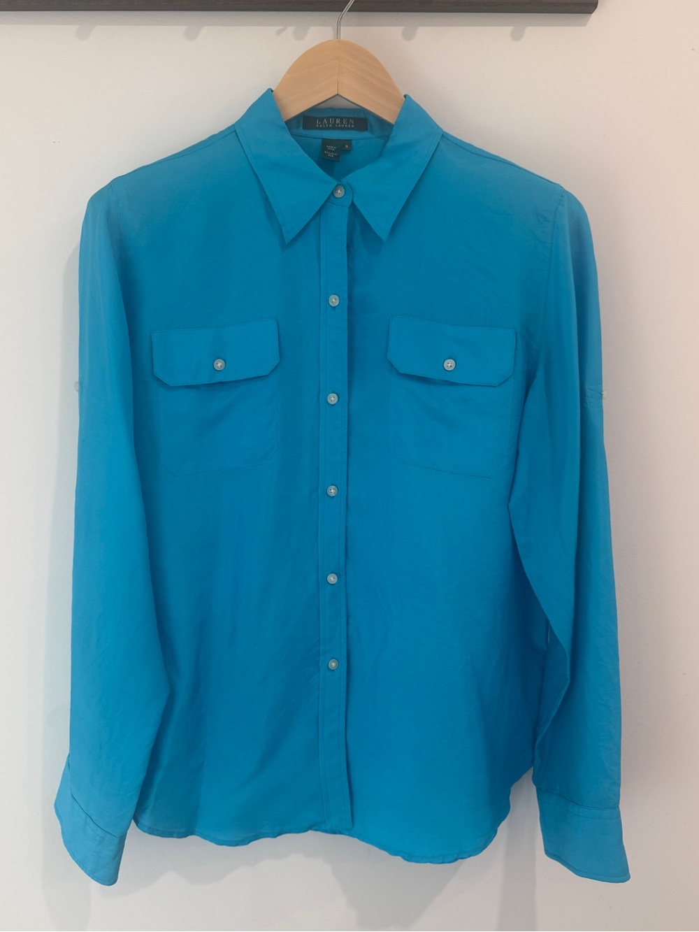 100% Silk Turquoise Button Down Blouse Size 10 M/L Ralph Lauren Natural Fiber